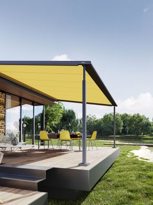 markilux-pergola-cubic-(grau-mit-gelbem-Tuch)-an-einem-Haus-am-See